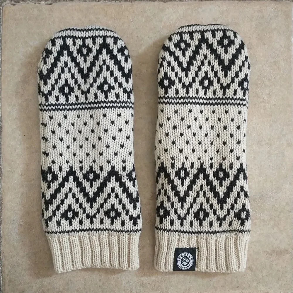 Icewear Iceland Gloves Mitten Womens S White Black Geometric 100%Wool Knit Lined